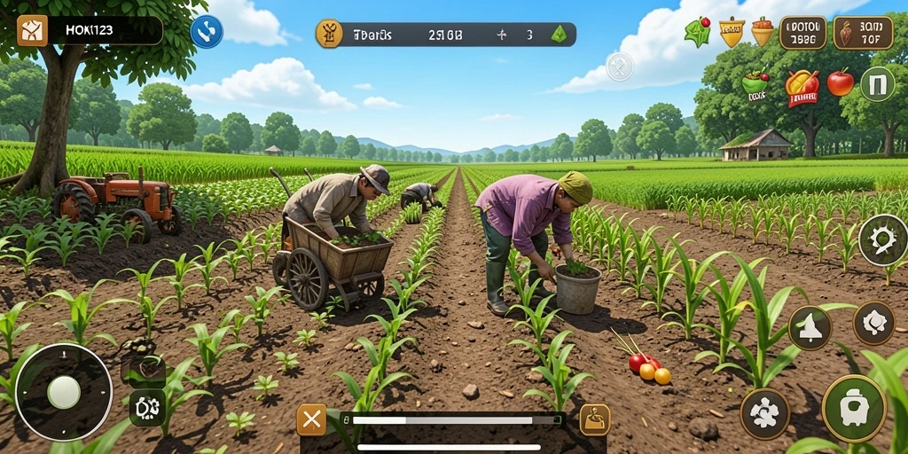Tangkapan layar gameplay HOKI123 menunjukkan aktivitas pertanian yang seru.
