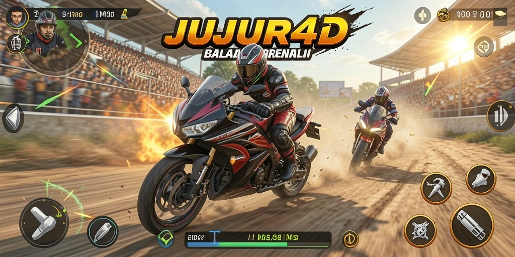 Screenshot JUJUR4D menampilkan aksi balapan motor yang seru dan mendebarkan.
