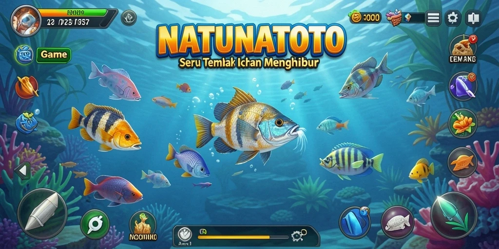 Screenshot permainan NATUNATOTO yang menampilkan aksi tembak ikan yang seru.