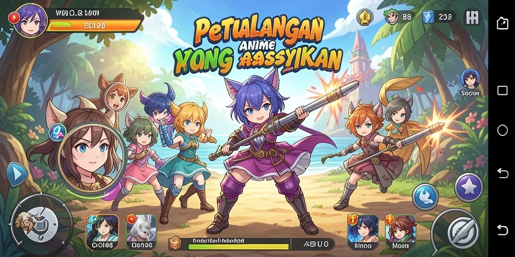 Screenshot gameplay yang menampilkan karakter anime dalam pertempuran seru.