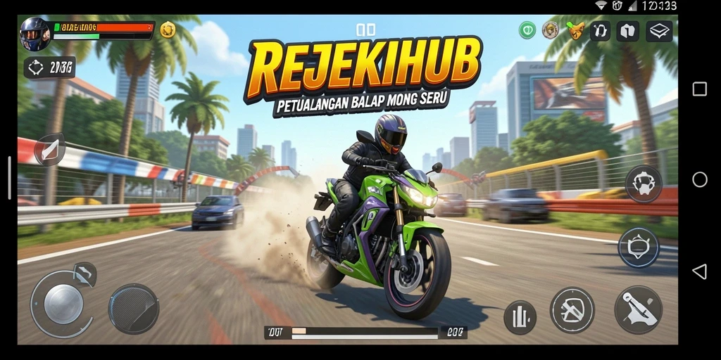 Tampilan aksi balapan seru di REJEKIHUB dengan motor yang bertenaga.