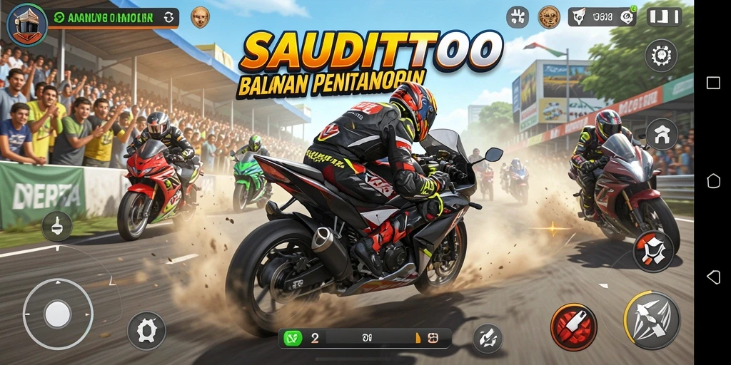 Gameplay mendebarkan dalam SAUDITOTO yang menampilkan balapan motor seru.