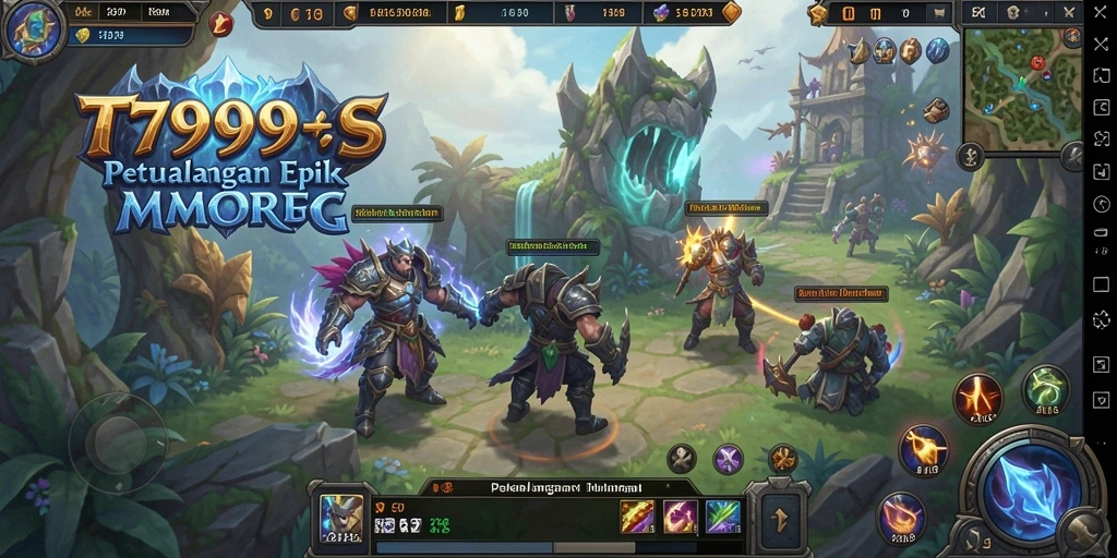 Screenshot T9999 menunjukkan pertarungan epik dalam dunia MMORPG.
